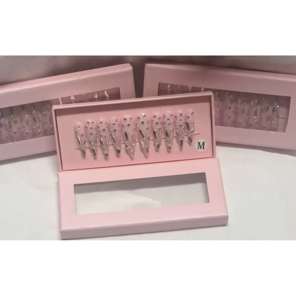 Handmade Almond Stiletto Press On Nails Pink Chrome Drip Rhinestone Bling Glam - Picture 5 of 5